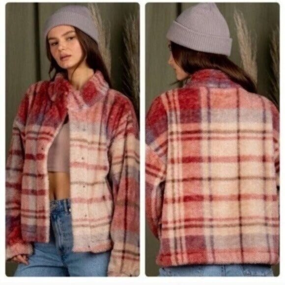 Womens Red & Pink Plaid Fuzzy Jacket/Shacket Soft Button-Up Coat Winterwear -NEW - Picture 2 of 4